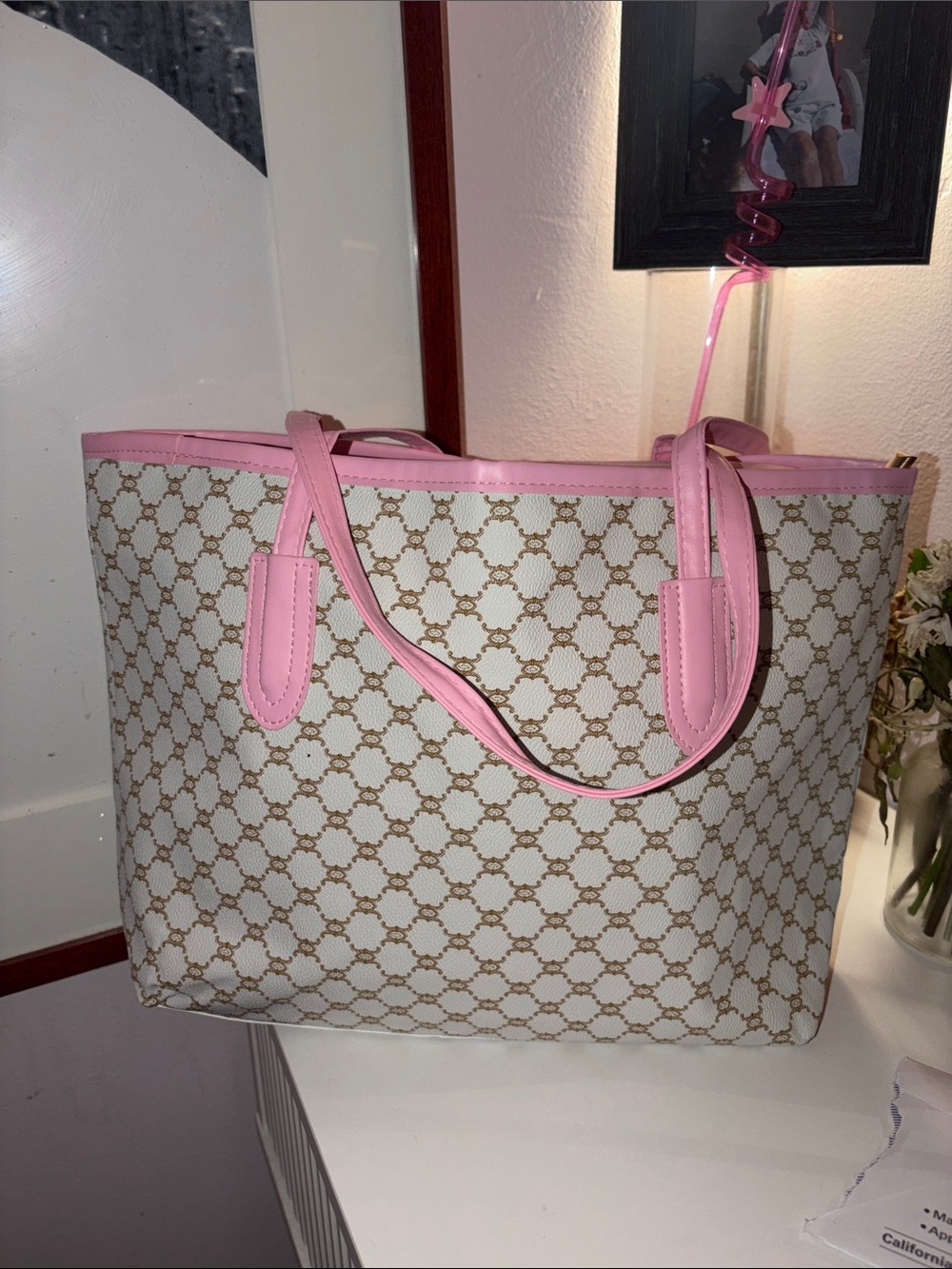 Pink Trim Monogram Tote Bag